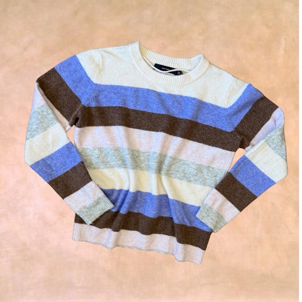 Vero Moda Striped Crewneck Sweater in Blue, Brown & Cream